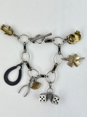 Matte Silver Metal Good Luck Charm Bracelet Dice Shamrock Wishbone Horseshoe 8″
