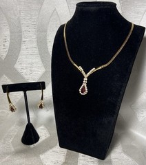 Vintage Rhinestone Purple Teardrop Necklace & Earring Set Statement Jewelry 3pc