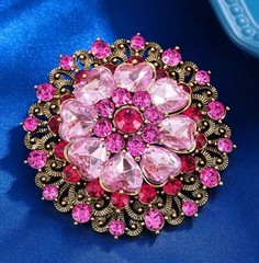 BIG PINK ROSE RHINESTONE ART DECO FLOWER BROOCH PIN~MOTHER’S DAY~BIRTHDAY GIFT