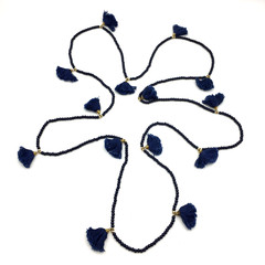 India Handmade Navy Glass Bead Cotton Thread Tassle GoldTone Spacer 80″ Necklace