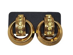Signed CORO Gold Tone Yellow Rhinestone Screw-back Earrings Vintage Round Circle