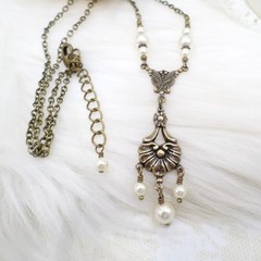 Victorian Pearl Necklace: Antique Brass Romantic Floral Handmade Vintage Jewelry
