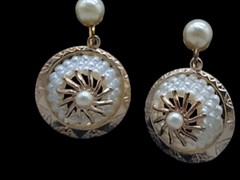 Vintage Pinwheel Faux Pearl Drop Screw Back Earrings Dangle Etched Gold Plated