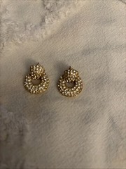 Vintage Roman signed earrings door knocker gold tone pave rhinestone dangle hoop