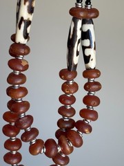 Vintage African Batik Bone Carnelian Trade Bead Multi Strand Necklace Statement