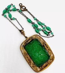 Art Deco Chinese Export Green Peking Glass Beaded Chain Necklace Vintage Jewelry