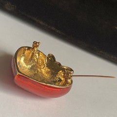 Vintage Red Enamel Puffy Heart with Rhinestone Gold tone Bow Pin Brooch