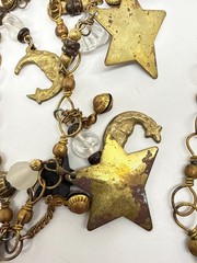 Vtg Brass Star Moon Charms Necklace red blue patriotic Boho 30″ July 4th