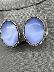 Vintage Blue Oval Clip On Earrings Silver Tone Bezel Cabochon Acrylic Mod Style