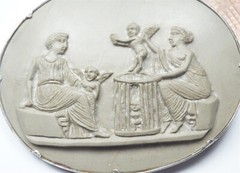 ANTIQUE HAND CARVED LAVA CAMEO SILVER BROOCH CHERUB SELLER c1860