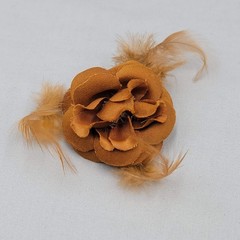 Vintage Golden Brown Fabric & Feather Flower Brooch Clip Pin 3″