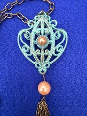 Vintage Patina Metal Filigree Medallion Tassel Necklace Art Nouveau 28″