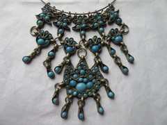 Tribal Choker BIB Style Turquoise glass stones Dangles Brass on Silver Necklace