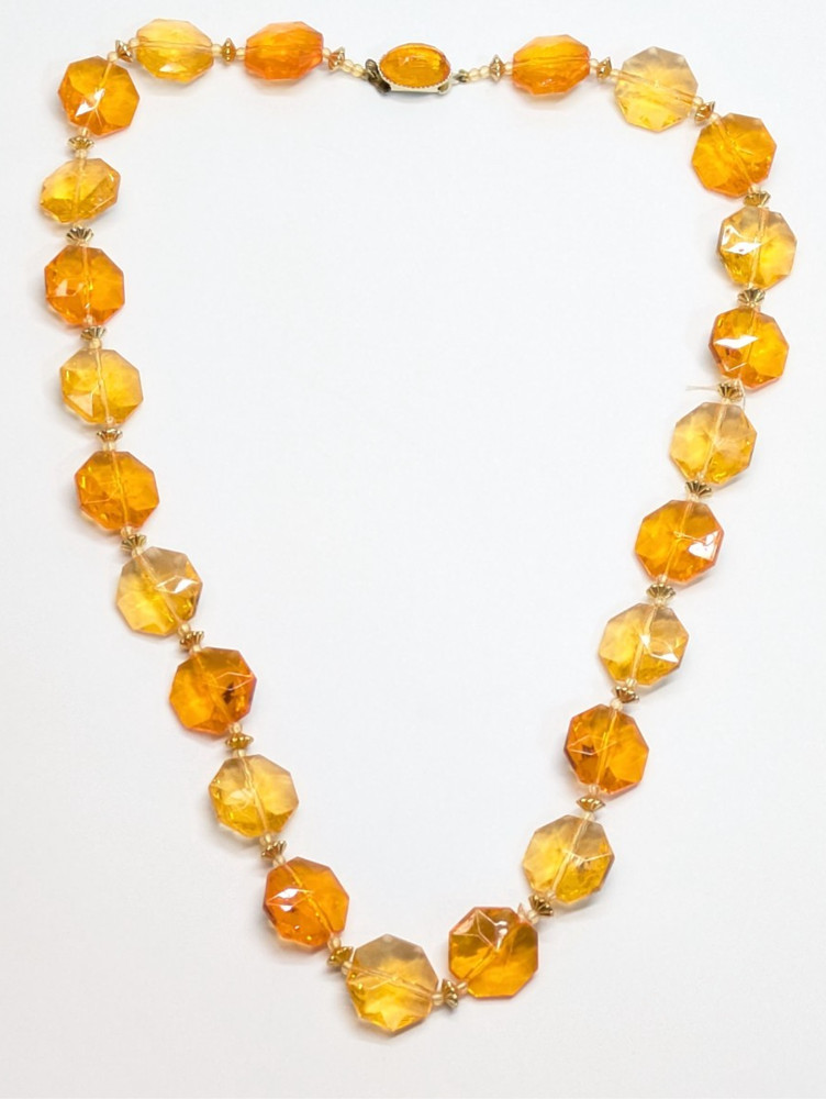 VTG Hong Kong Candy Orange Faceted Plastic 26″ Statement Beaded Necklace