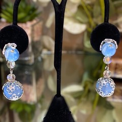 Vintage Coro Signed Blue Silver Beaded Drippy Drop Clip Earrings Filigree