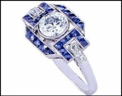 Art Deco Style Lab Created Diamond & Sapphire Anniversary 14K White Gold FN Ring