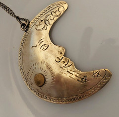 Crescent Moon w face, Unique Pendant, hand tooled, Whimsigoth Celestial Jewelry