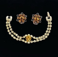 Vtg -1950s-ORANGE AMBER-Rhinestone-BRACELET and Floral EARRINGS SET-Gold Tone