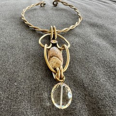 Vtg Jeff Lieb Wearable Art Choker Necklace Gold Tone Natural Stone W Crystals