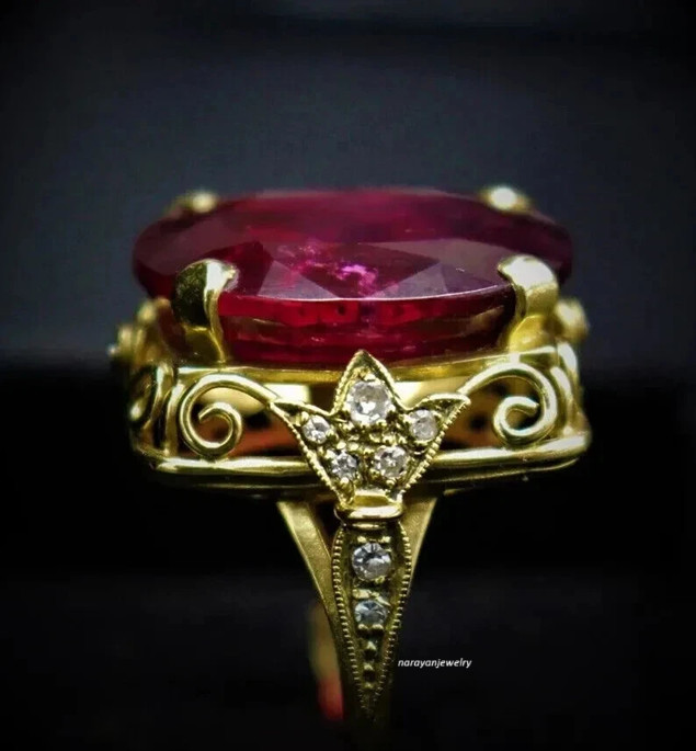 Oval Cut 4.28CT Genuine Garnet Vintage Art Deco Wedding Ring 14K Yellow Gold FN