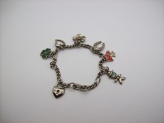 Vintage Silvertone Mix GOOD LUCK Charm Bracelet, Enamel, some made in Germany