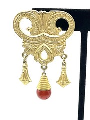 Vintage Etruscan Revival Brushed Gold Drop Dangle Lucite Red Carnelian Earrings