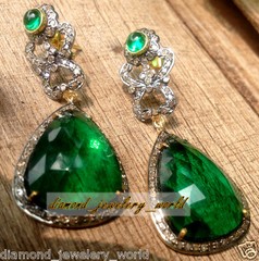 2.95ctw Rose Cut Diamond Emerald Studded Silver Vintage Stunning Earring Jewelry