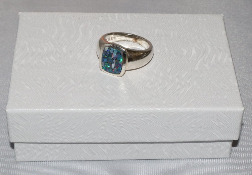 Vintage Sterling Silver Mosaic Blue Opal Gem Inlay Michelle Albala Ring Size 6