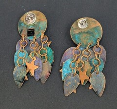 Large Vintage Artisan Verdigris Boho Brass Celestial Stars Dangle Earrings India