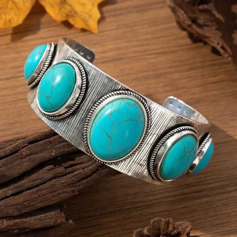 Classic Bohemian Inlaid Turquoise Carved Thick Solid Zinc Open Cuff Bracelet