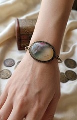 Vintage Natural Scenic Moss Agate Bracelet Brass Filigree Cuff Antique Style