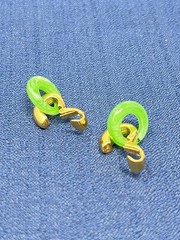 Vintage Crown Trifari Gold Clip Earrings Faux Jade Hoops Interlocking US SELLER