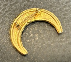 Vintage 80s Gold Tone Crescent Moon Pin Brooch Pink Green Rhinestones Celestial