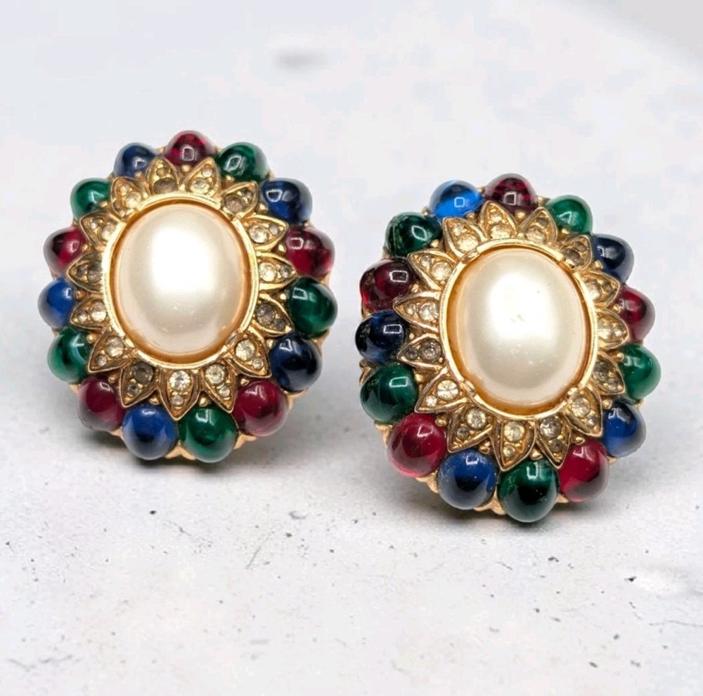 CINER Jewels Of India Moghul Glass Faux Pearl Clip On Gold Tone Earrings ⚠️Read