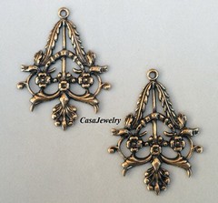 #0186 ANTIQUED GOLD OPEN FLORAL & LEAF DROP W/TOP HANG RING – 2 Pc Lot
