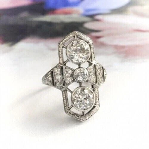 3-Stone 3CT Round Cut Art Deco Shield Halo Lab Created Diamond Ring 925 Silver