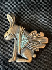 Vintage Southwestern Rabbit Brooch Stylized Winged Jackrabbit Turquoise Inlay