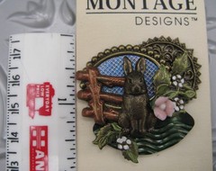 Montage Designs Vtg 1990s Brooch Bunny Rabbit Country Flower Mixed Media Collage