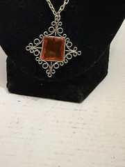 Vintage Baltic Amber Filigree Pendant Silver Tone Necklace