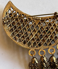 Lisner Vintage Crescent Moon Pin Brooch Jeweled Tassels Gold Tone Blue Green