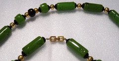 Vintage Givenchy Egyptian Revival Carved Green Faux Jade Lucite 32″ Necklace