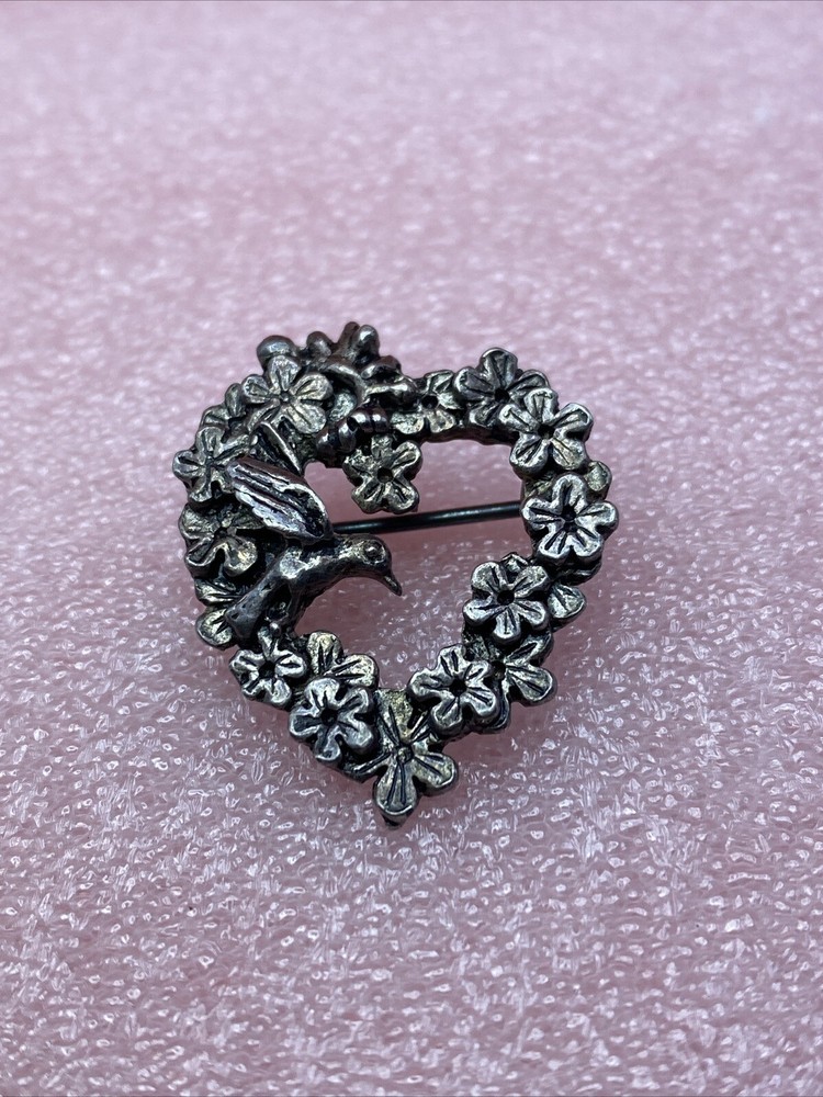 Hummingbird & Flowers ~ Heart ~ Silver-Plated Pewter Brooch ~ Signed MASJ