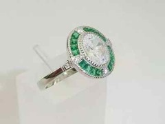 Art Deco Style Lab Created Diamond & Emerald Engagement 14K White Gold FN Ring