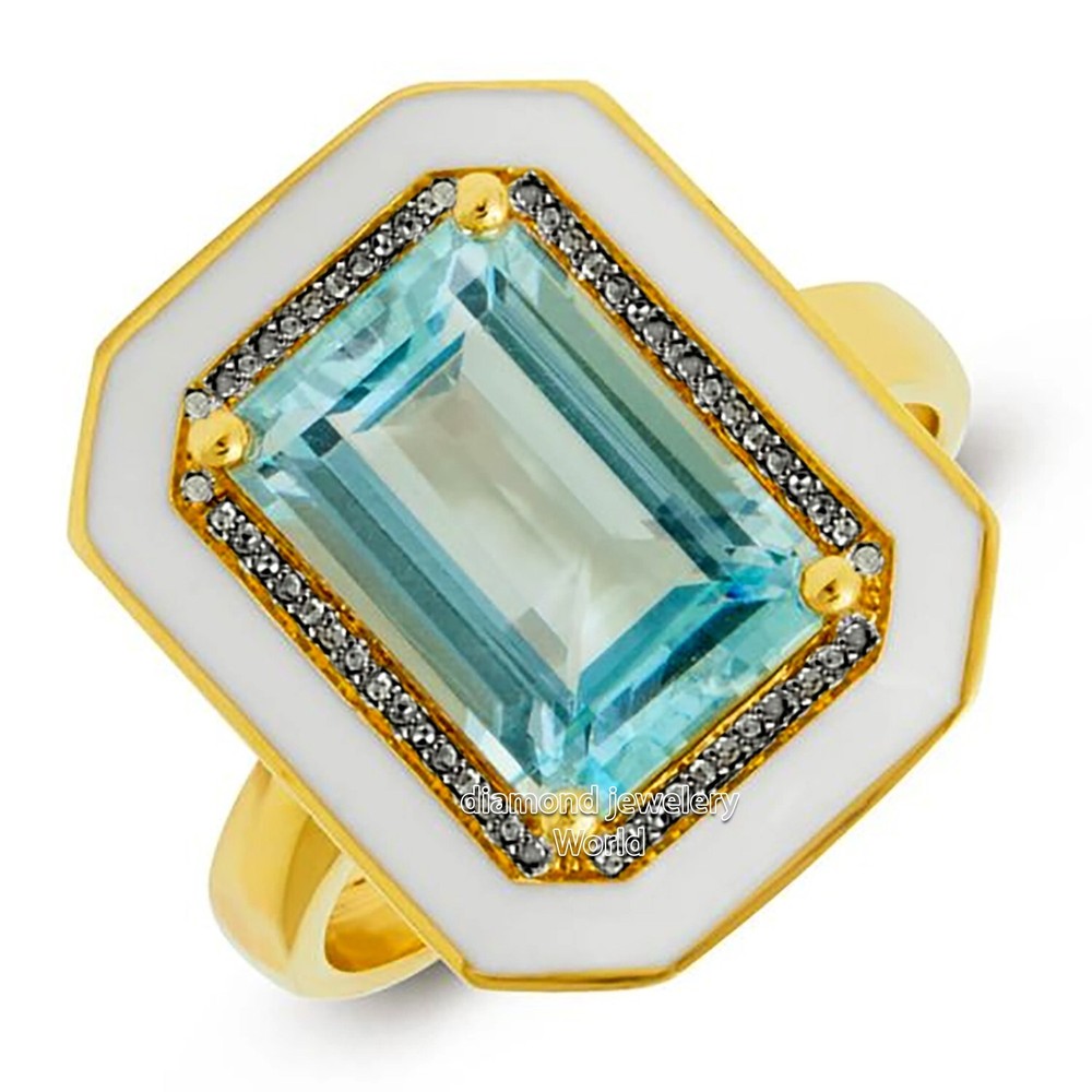1.47ctw Rose Cut Diamond Blue Topaz Enamel Silver Vintage Gorgeous Ring Jewelry