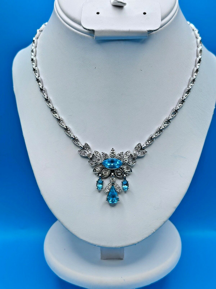 ORA Necklace Vintage 1940’s Blue Rhinestones Silver Tone Collar Length Signed
