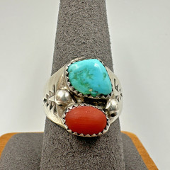Vintage Sterling Turquoise Coral Unisex Ring Signed VL Vera Luna Size 8.5