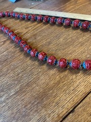 Carved Cinnabar Bead and Enameled Blue Metal Cap Vintage Beaded Necklace – 26”