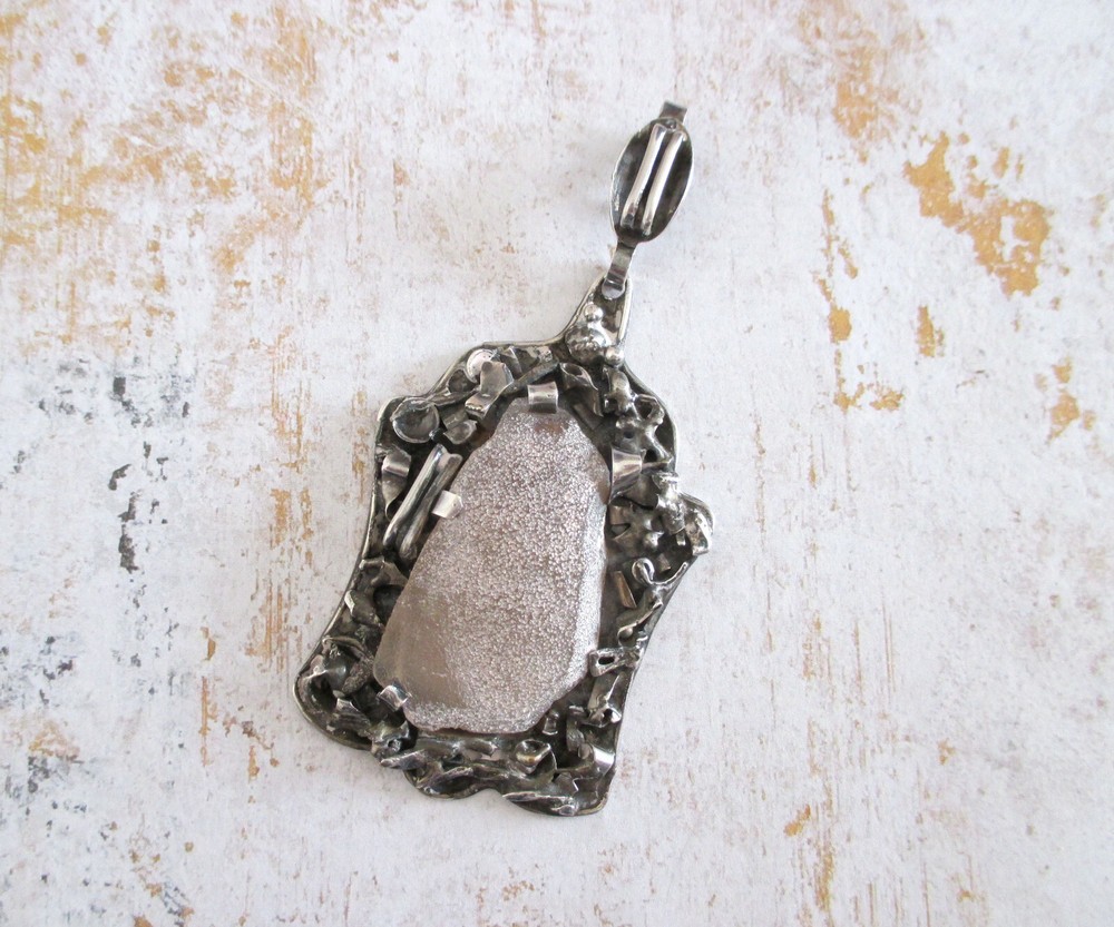 LARGE Brutalist Pendant Artisan Israel – Sterling Silver and Quartz Pendant