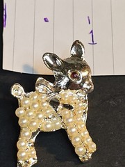 Vintage Deer Brooch Seed Pearls Silver Tone Red Crystal Eye