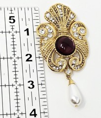 Vintage Signed Jeff Lieb Brooch Purple Cabochon Rhinestone Faux Pearl